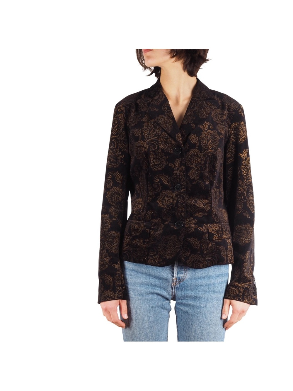 Ralph Lauren Black Gold Paisley Brocade Velvet 3-Button Blazer Womens 10 Preppy